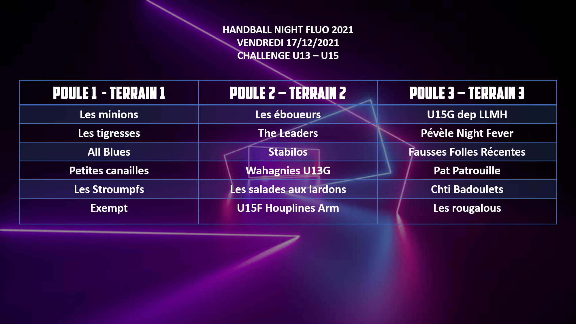 Poules U13 - U15 Handball Night Fluo 2021